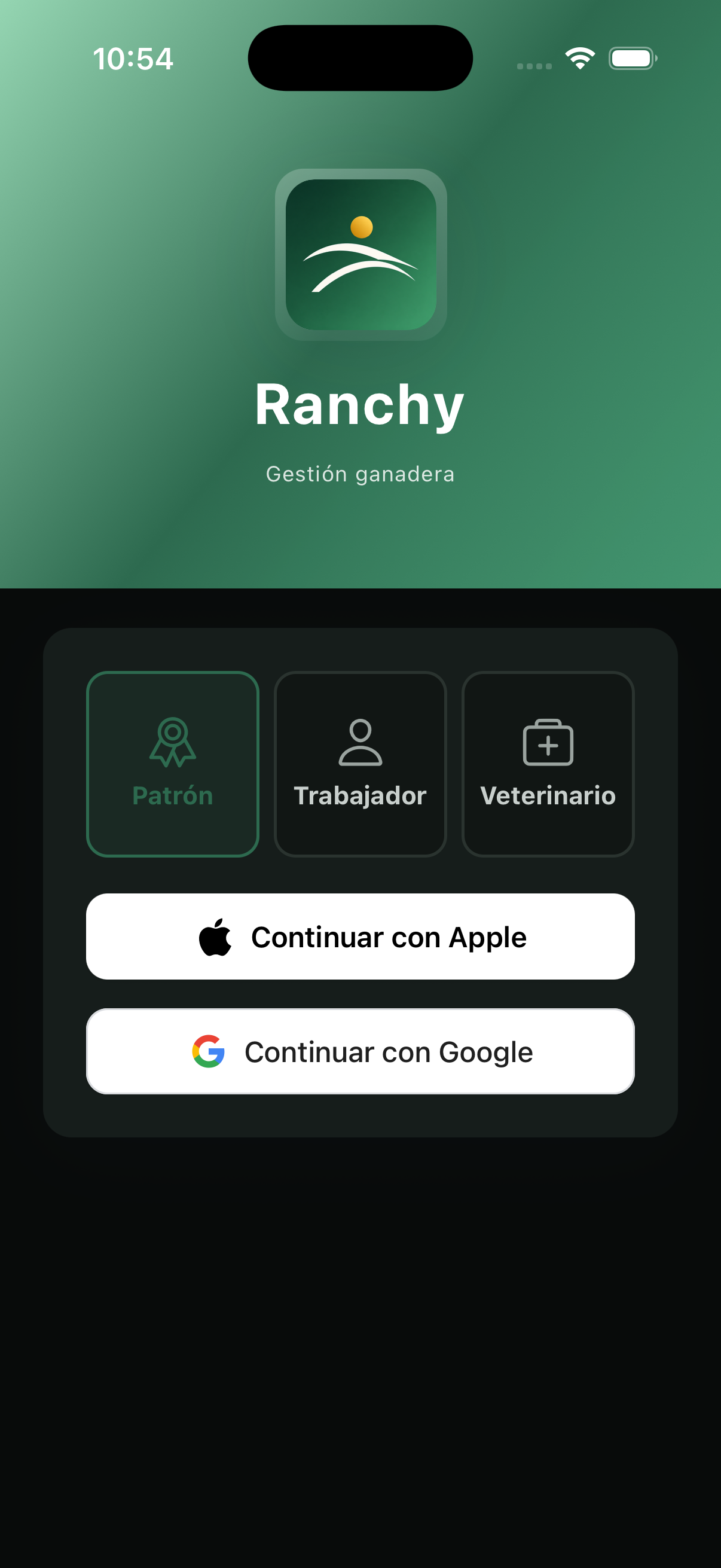 Inicio de sesión con las pestañas Patrón, Trabajador y Veterinario