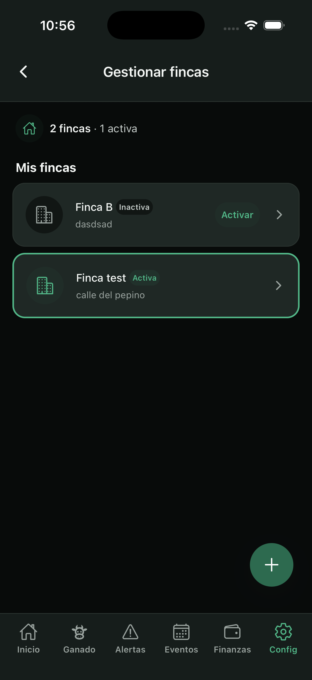 Selector de finca activa en el encabezado