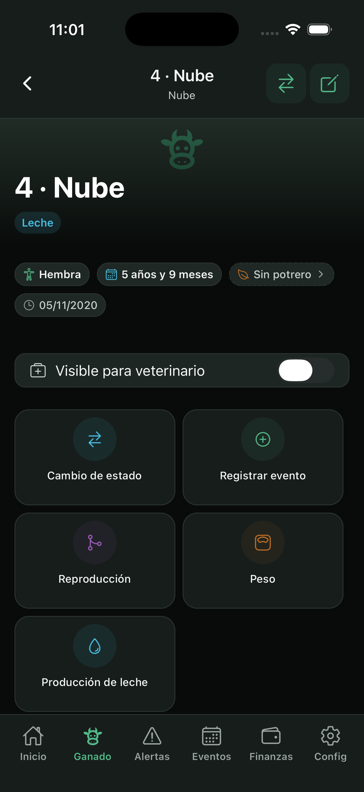 Ficha del animal con accesos rápidos