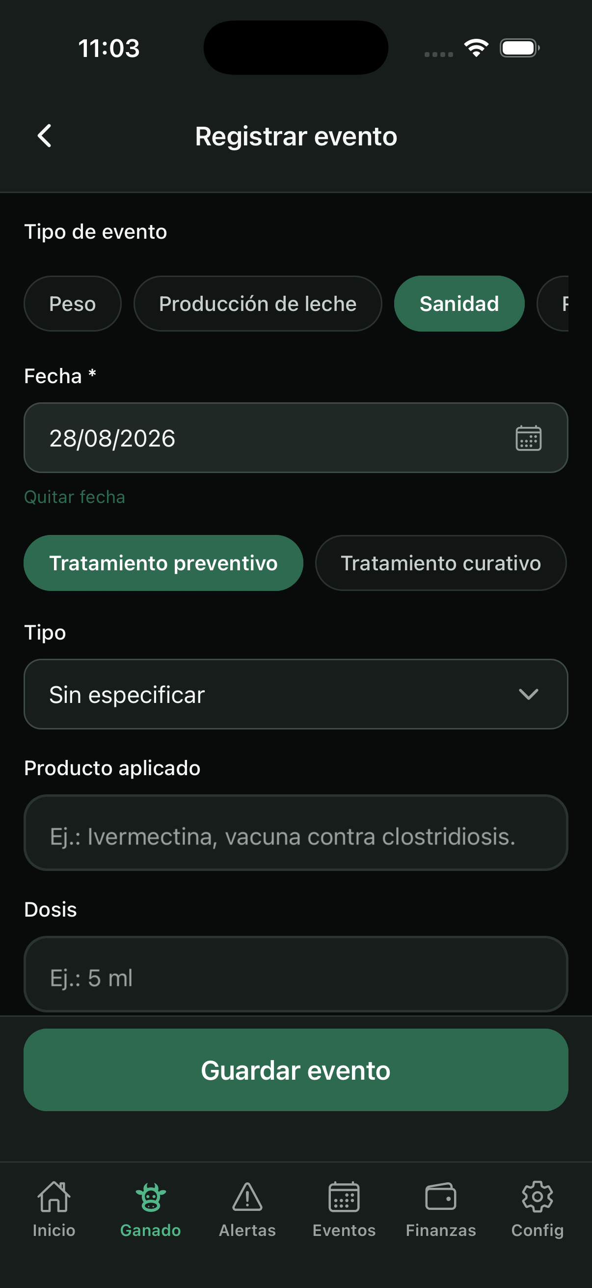 Formulario de evento Sanidad