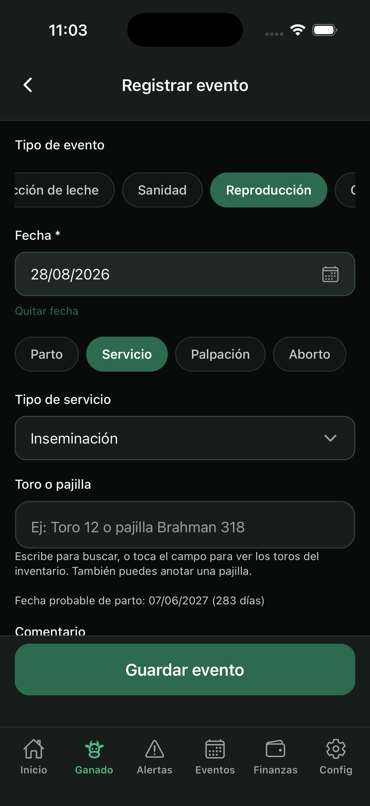 Formulario de evento Reproducción