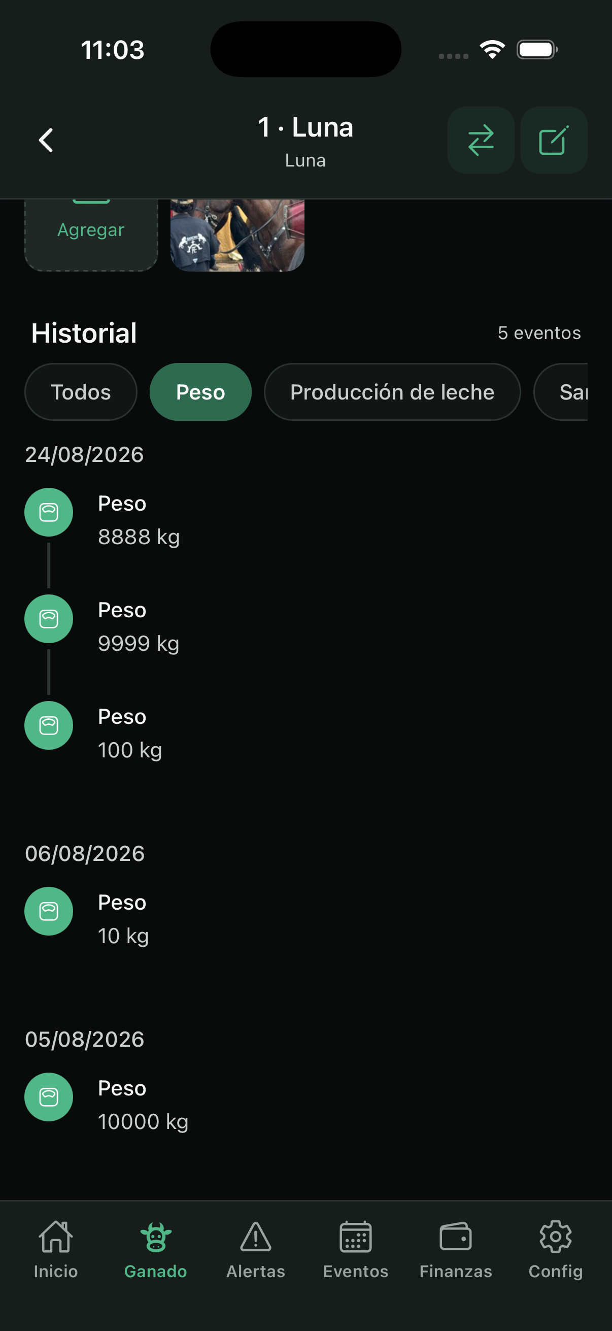 Historial de la ficha con filtro por tipo