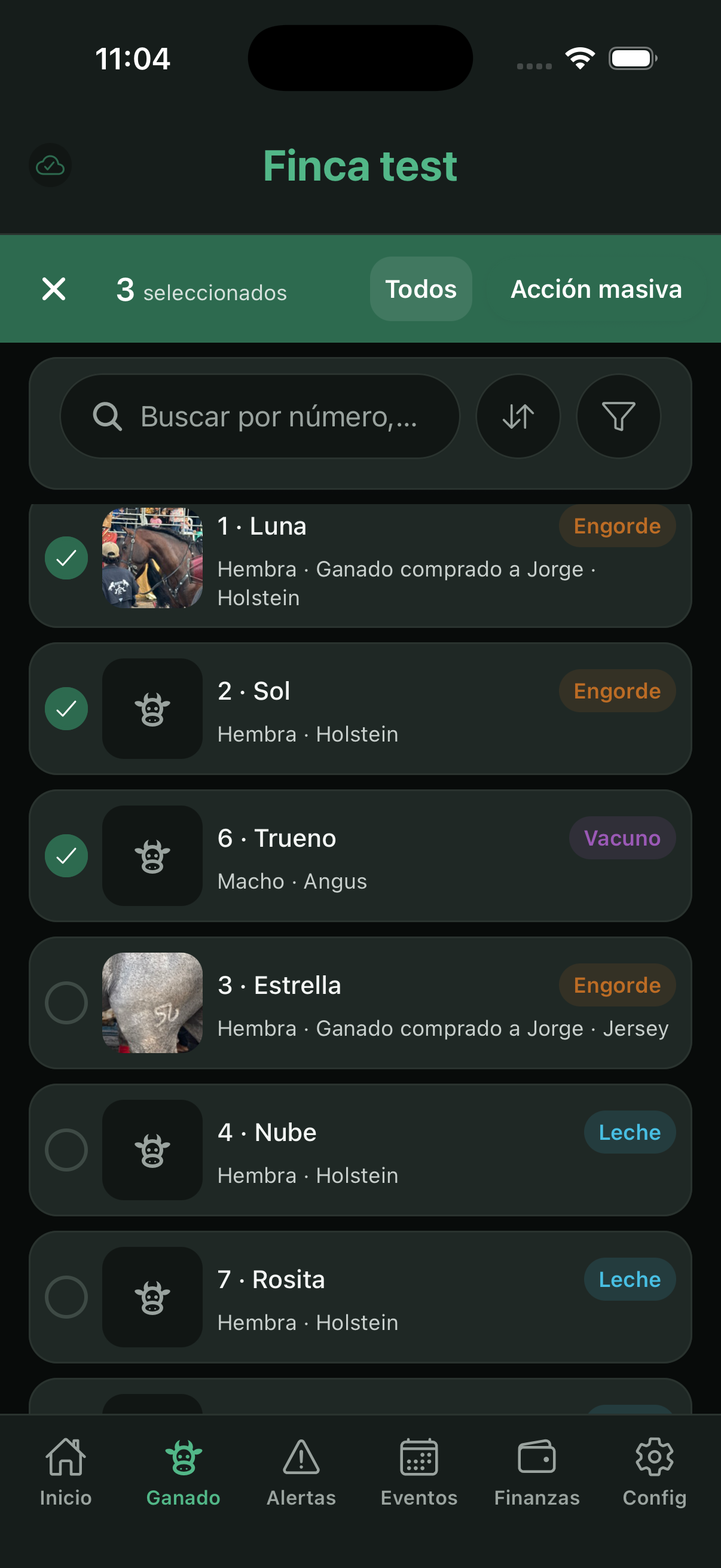 Modo selección con barra de acciones