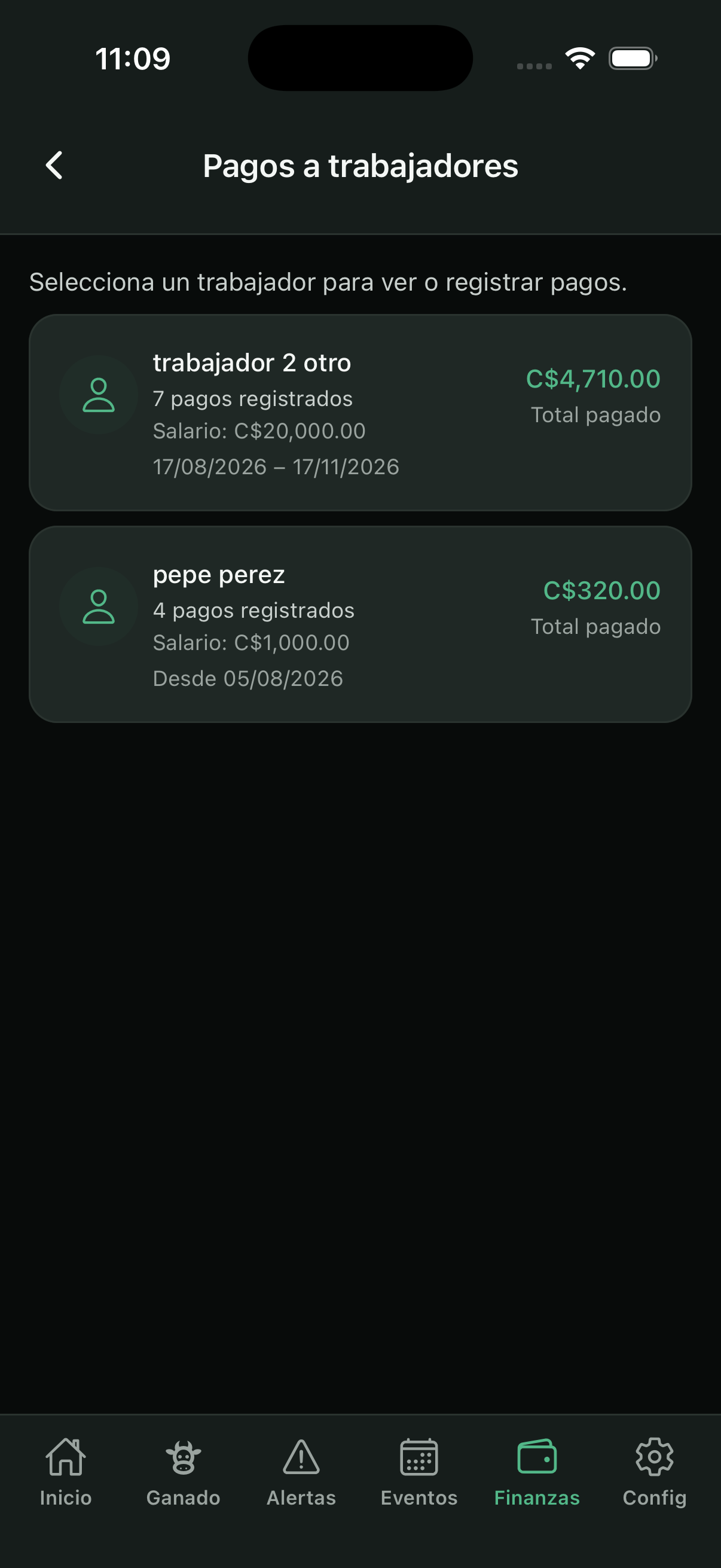 Pagos e historial de un trabajador