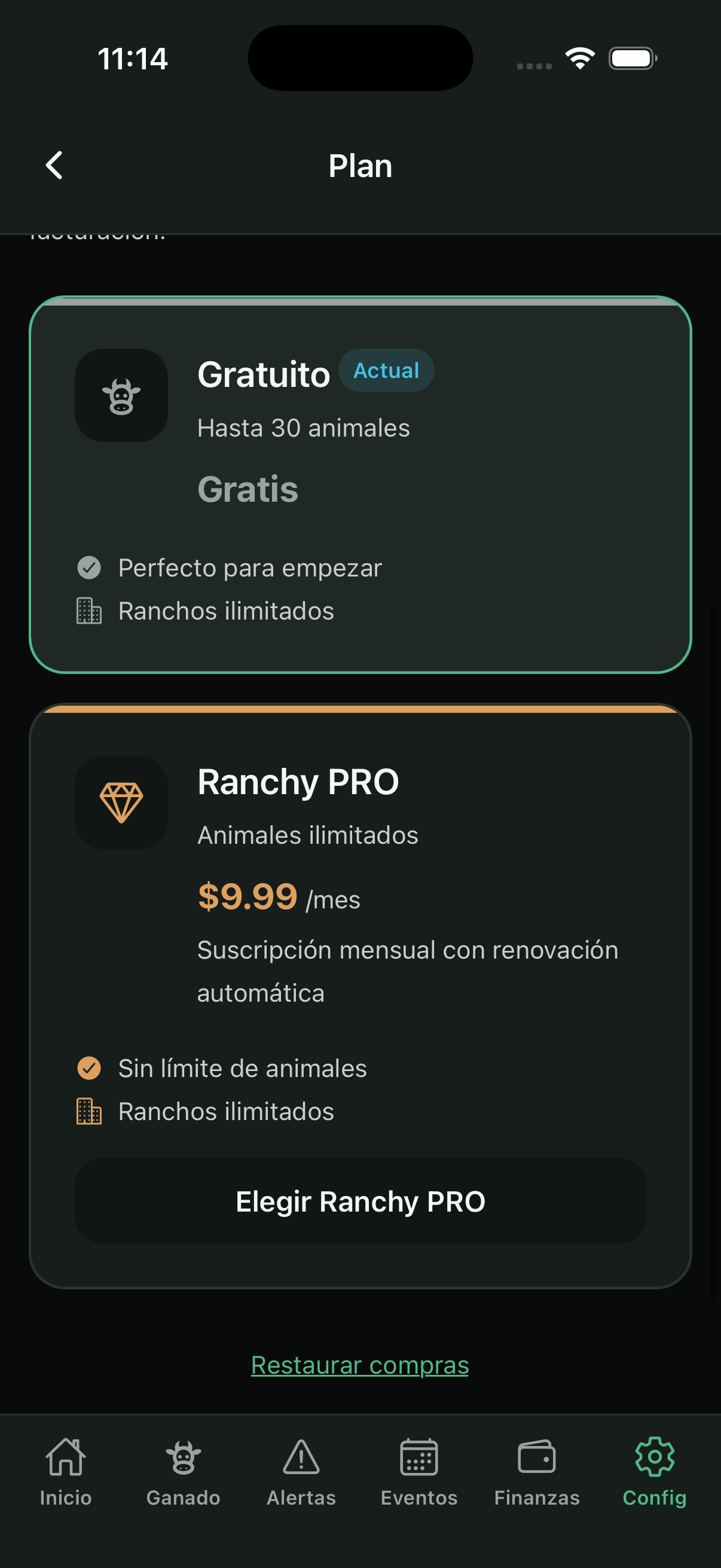 Pantalla de plan Gratis / PRO